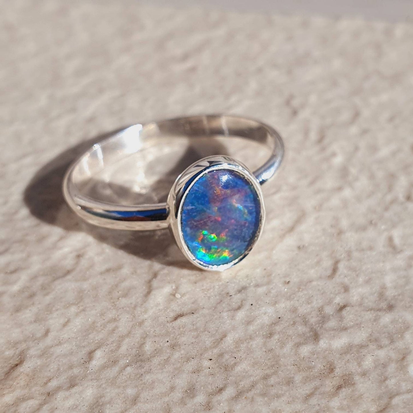 Genuine lightning ridge black opal ring handmade