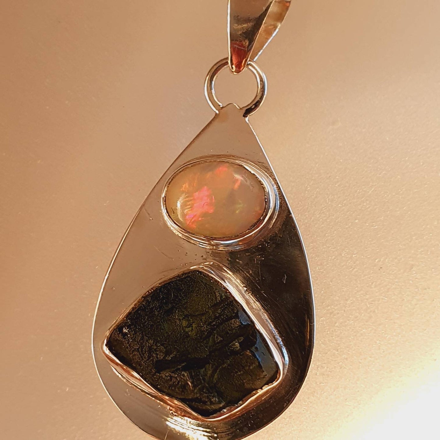 Raw Moldavite and Ethiopian Opal Pendant