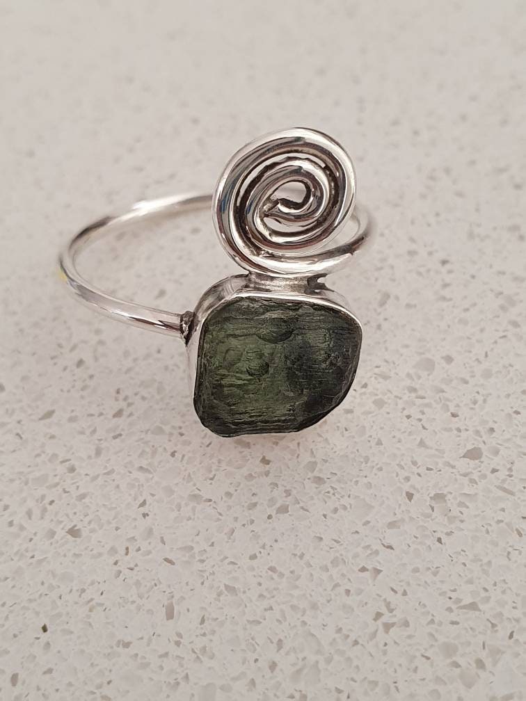 Genuine raw Moldavite ring handmade