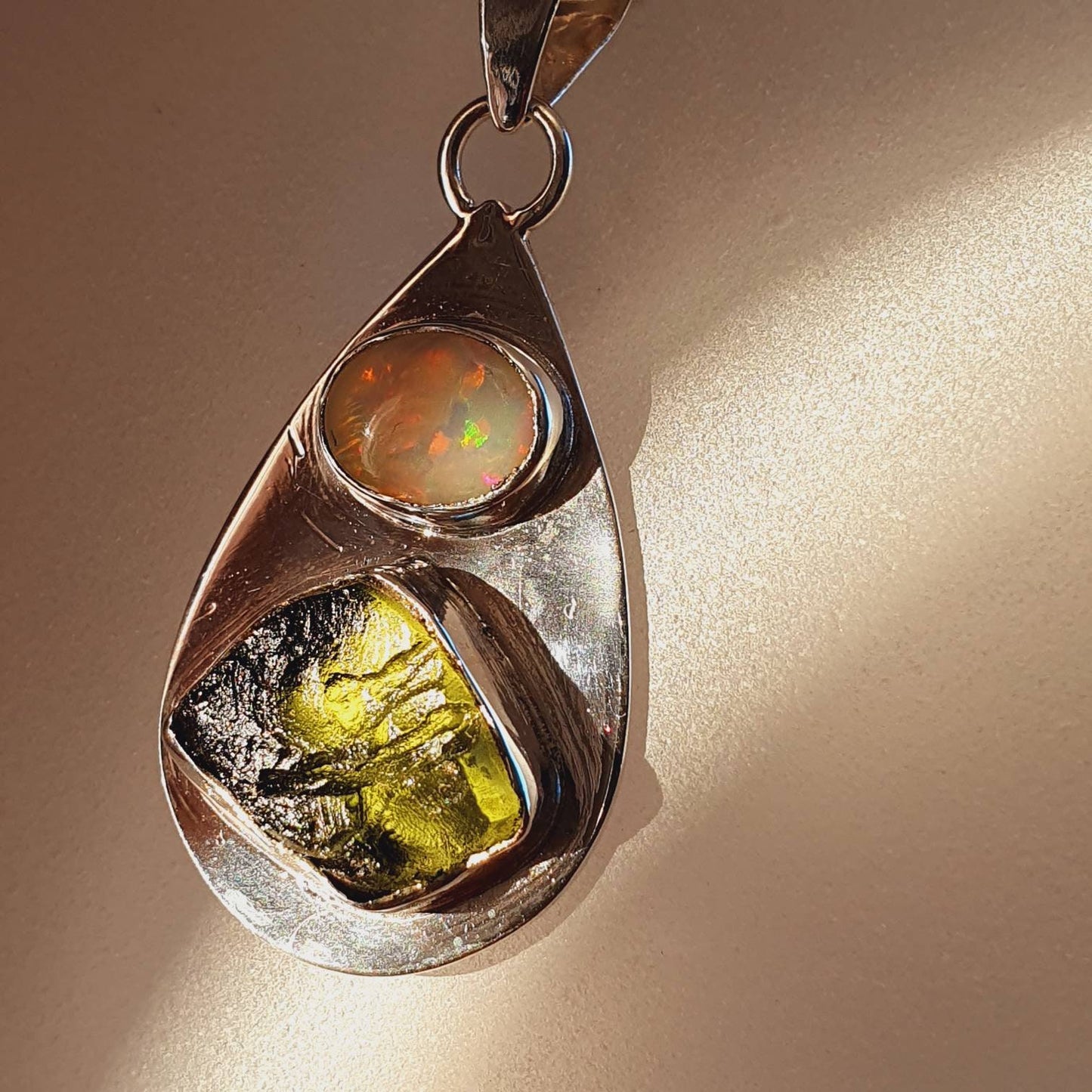 Raw Moldavite and Ethiopian Opal Pendant