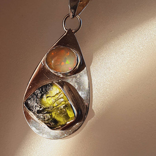 Raw Moldavite and Ethiopian Opal Pendant