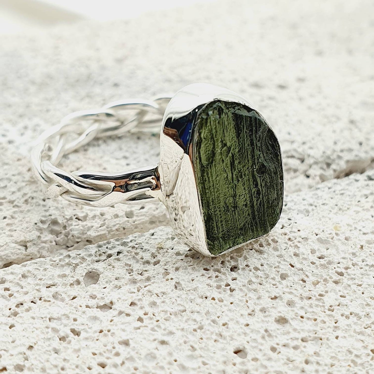 Natural Moldavite rings handcrafted