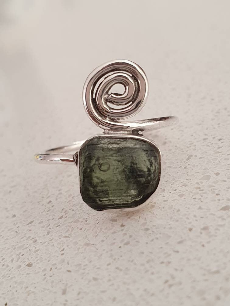 Genuine raw Moldavite ring handmade