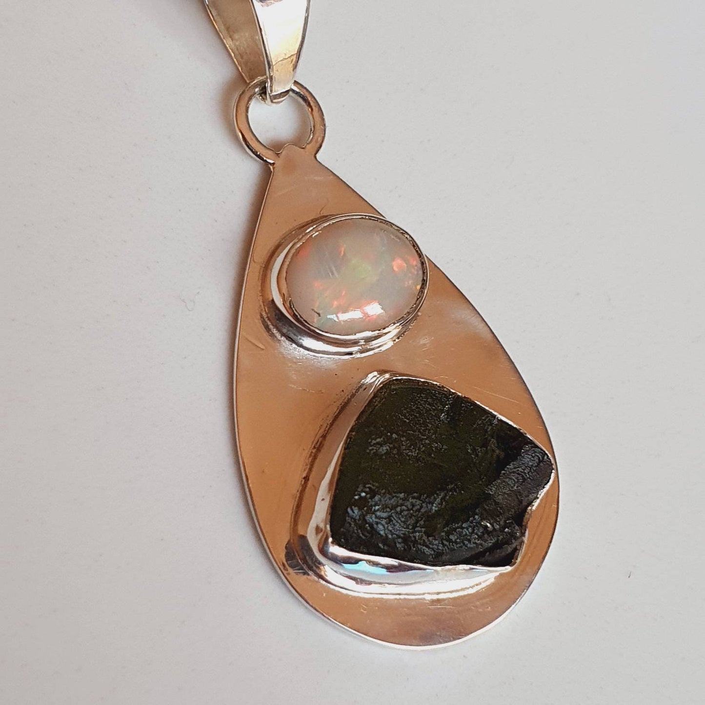 Raw Moldavite and Ethiopian Opal Pendant