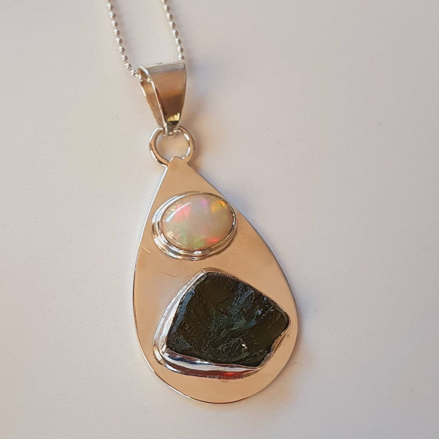Raw Moldavite and Ethiopian Opal Pendant