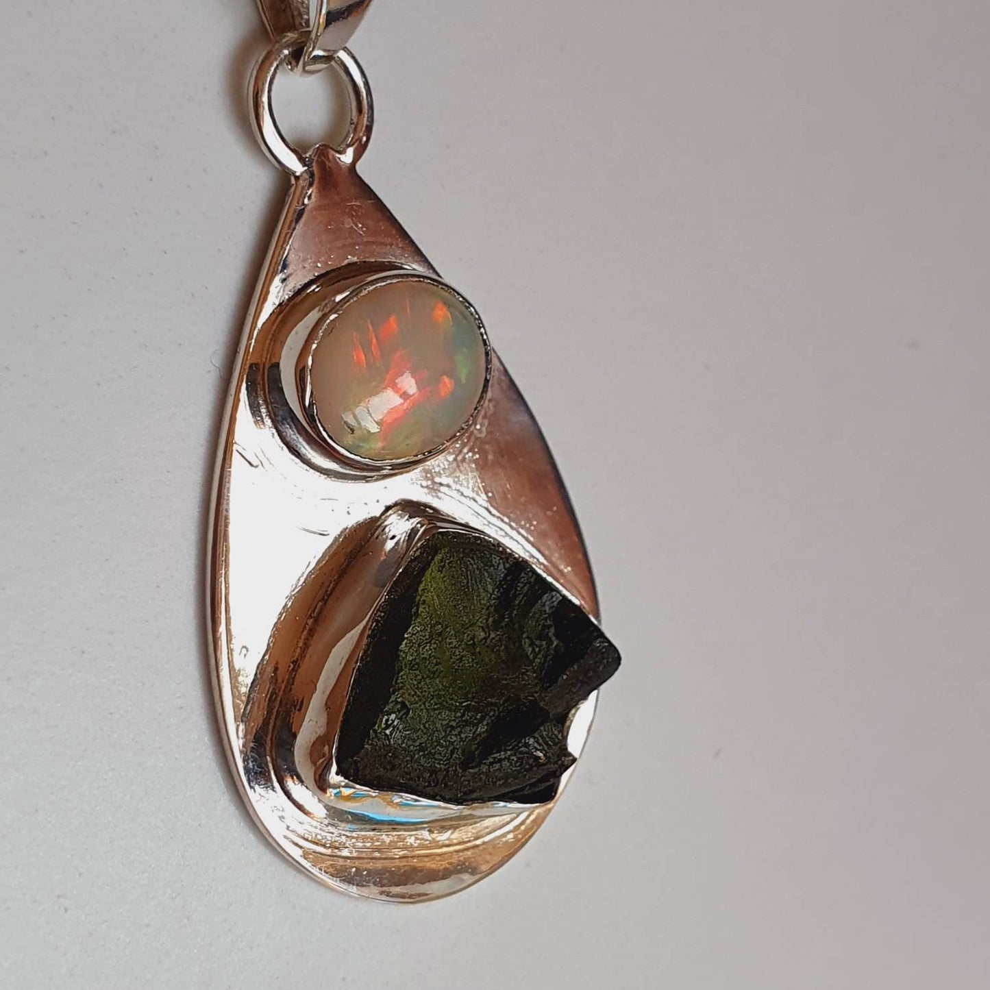 Raw Moldavite and Ethiopian Opal Pendant