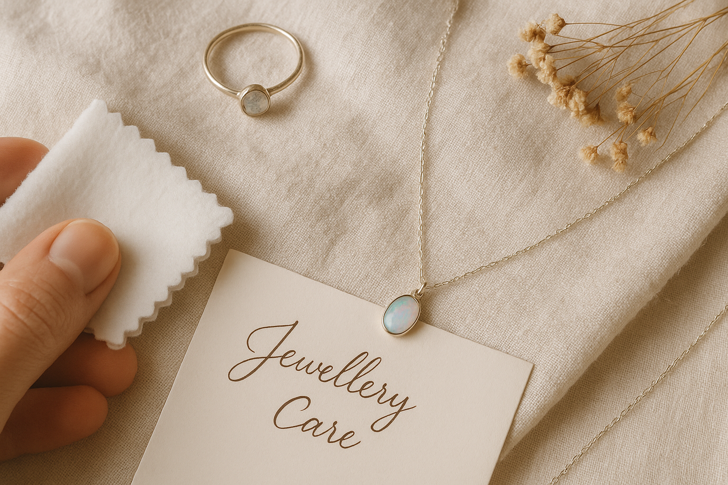“A soft, dreamy flat lay of sterling silver jewellery being gently cleaned. A delicate mini raw gemstone silver ring and australian opal necklace rest on a linen cloth, next to a small white polishing cloth, a handwritten jewellery care note, and dried flowers. Natural light, neutral tones, minimal aesthetic with a warm, rustic charm. Styled like an artisan handmade brand, with a calm and whimsical feel.”