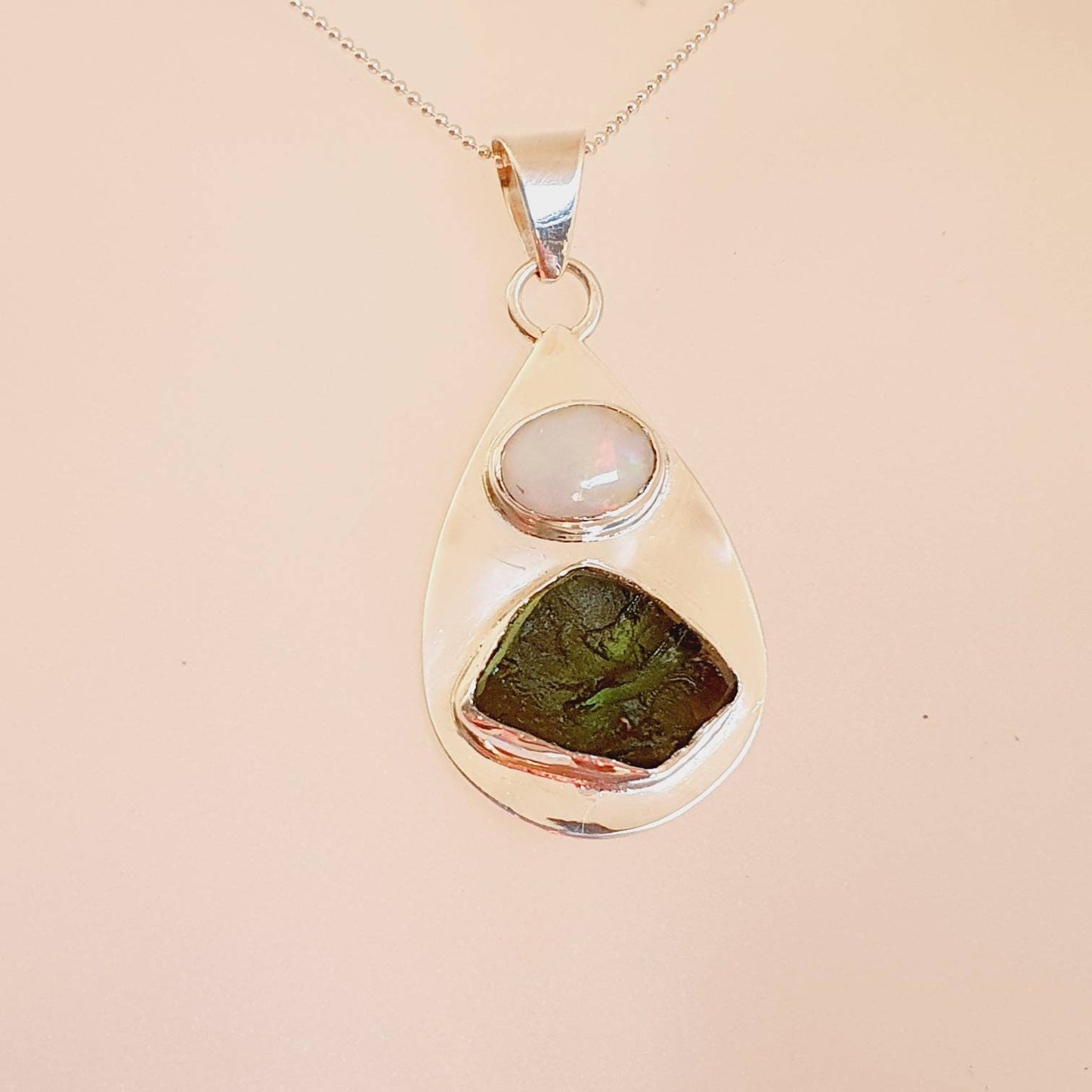 Raw Moldavite and Ethiopian Opal Pendant