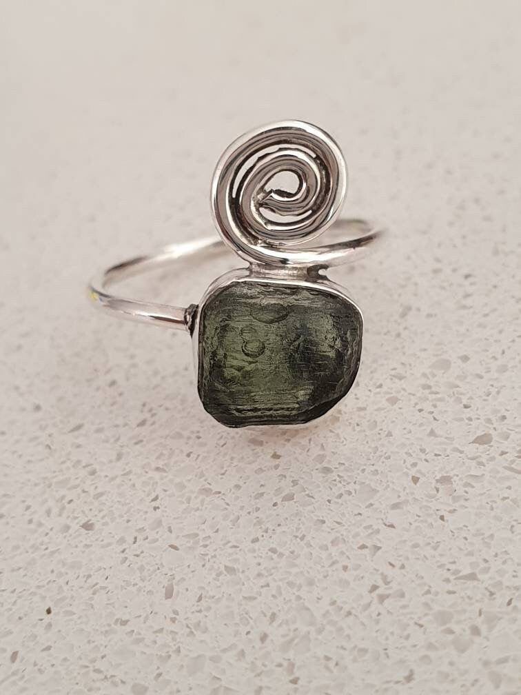 Genuine raw Moldavite ring handmade