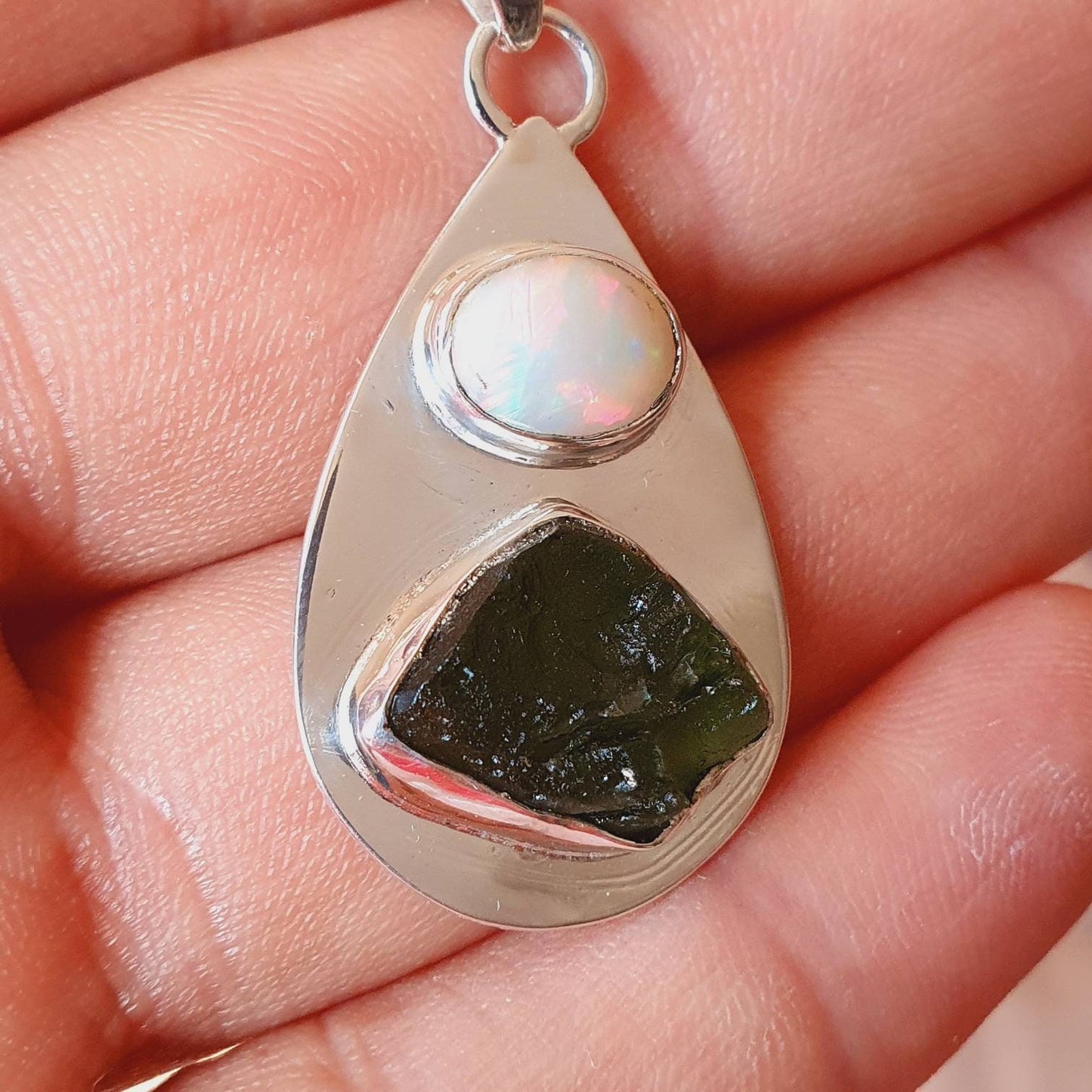 Raw Moldavite and Ethiopian Opal Pendant