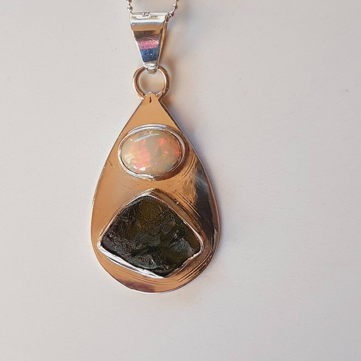 Raw Moldavite and Ethiopian Opal Pendant